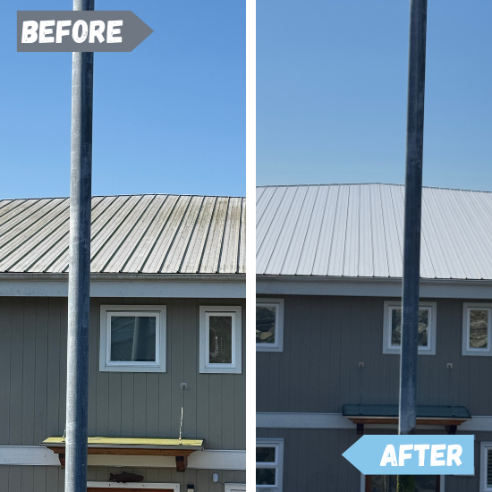 Before and after of a metal roof soft wash in White Rock by Axion Pressure Washing.